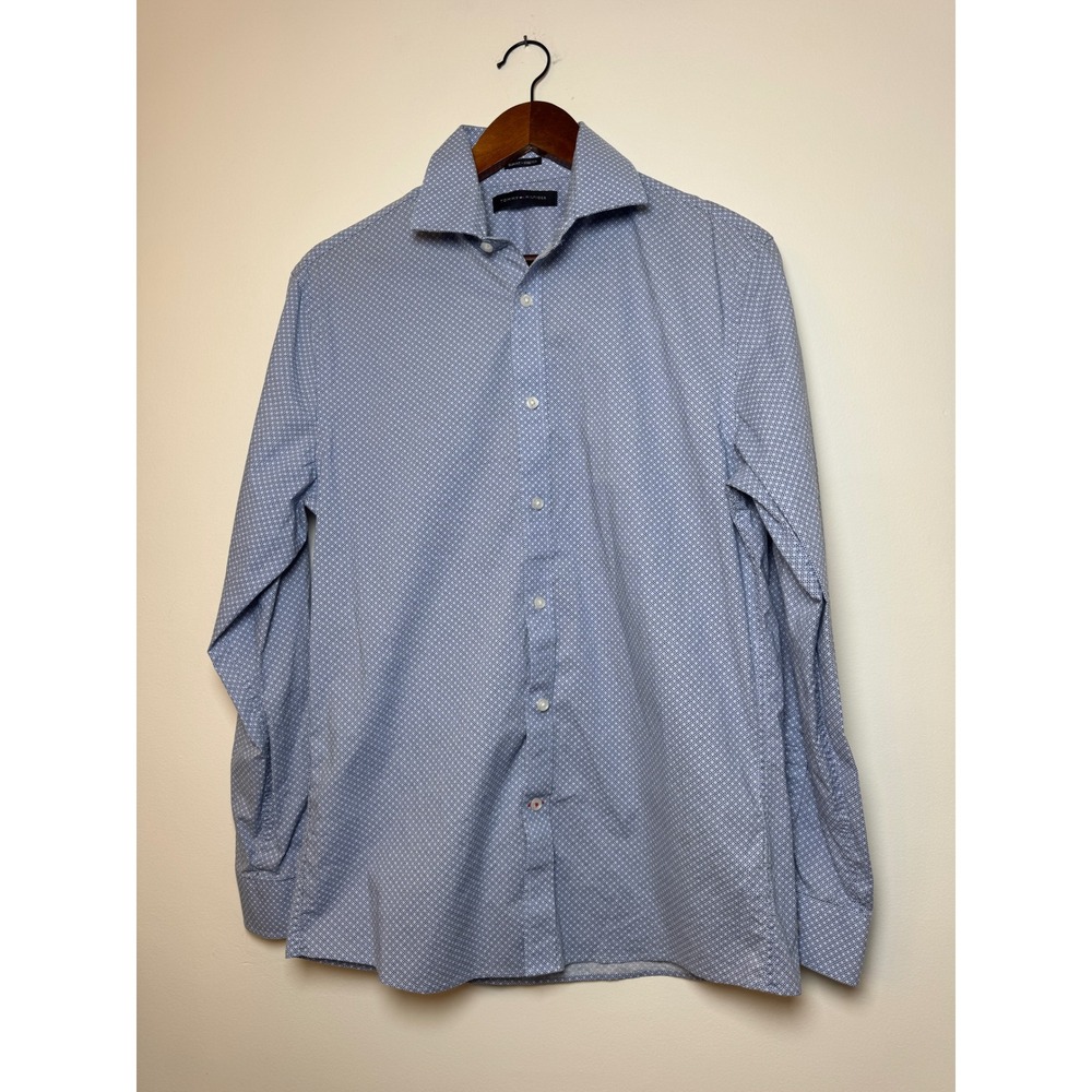 Tommy Hilfiger Mens Slim Fit Stretch Dress Shirt Blue Geometric Print 15 32/33 M